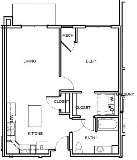Floor plan for 1 bed, 1 bath, 801 sqft